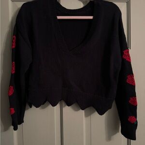 Wildfox navy Sweater with Red Rose Details